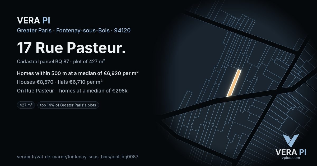 17 Rue Pasteur, Fontenay-sous-Bois at night – the plot lit, the parcels around coloured by the prices near them