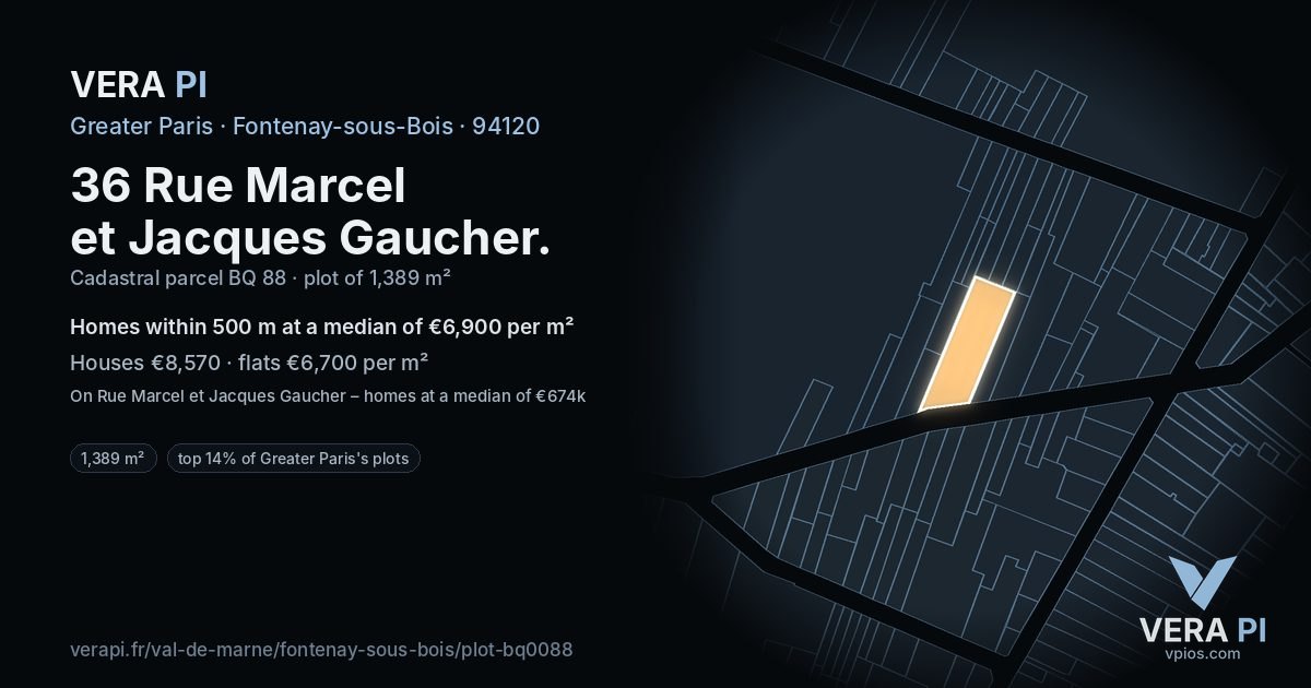 36 Rue Marcel et Jacques Gaucher, Fontenay-sous-Bois at night – the plot lit, the parcels around coloured by the prices near them