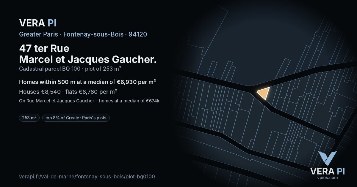 47 ter Rue Marcel et Jacques Gaucher, Fontenay-sous-Bois at night – the plot lit, the parcels around coloured by the prices near them
