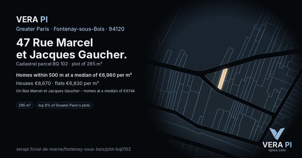 47 Rue Marcel et Jacques Gaucher, Fontenay-sous-Bois at night – the plot lit, the parcels around coloured by the prices near them