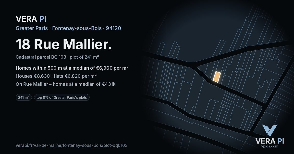 18 Rue Mallier, Fontenay-sous-Bois at night – the plot lit, the parcels around coloured by the prices near them