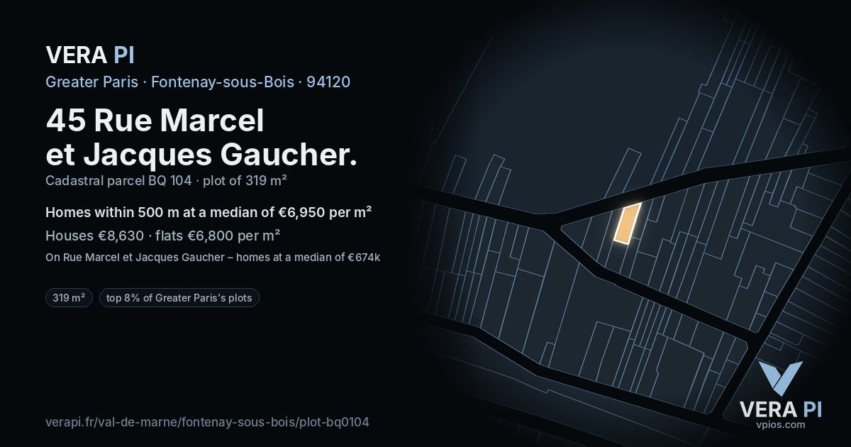 45 Rue Marcel et Jacques Gaucher, Fontenay-sous-Bois at night – the plot lit, the parcels around coloured by the prices near them