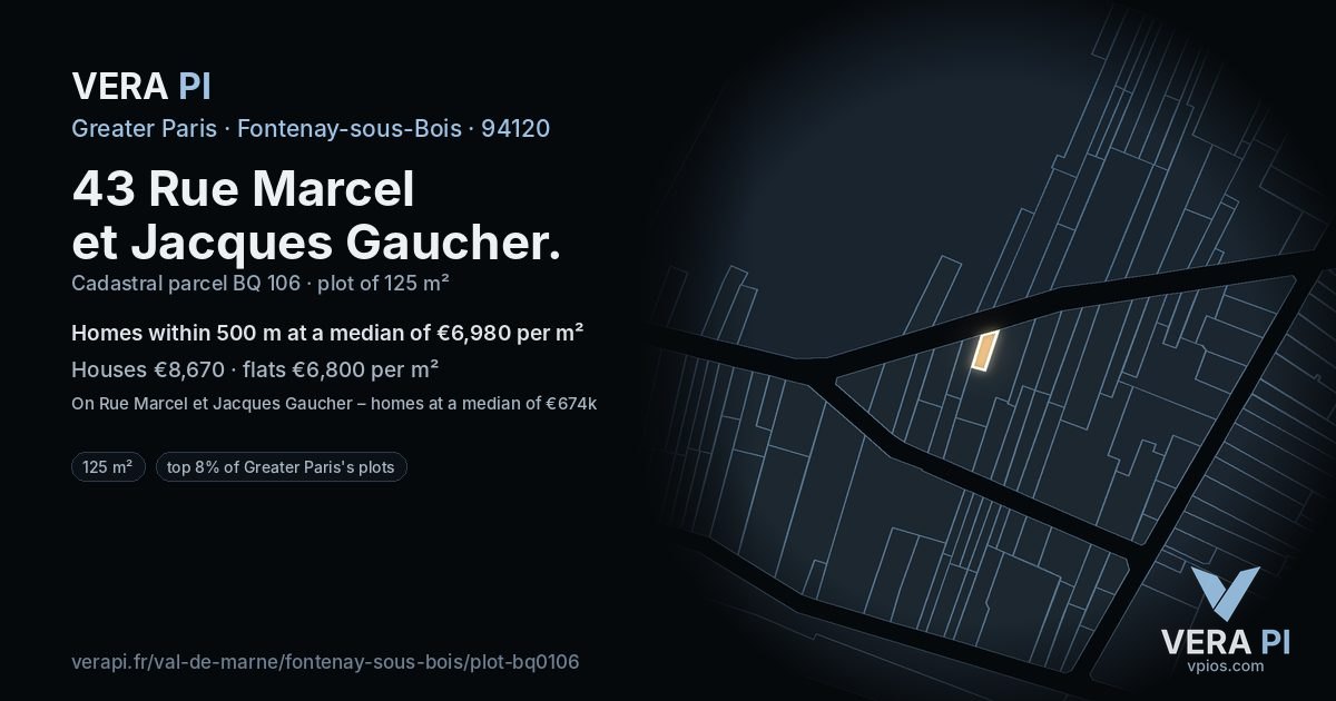 43 Rue Marcel et Jacques Gaucher, Fontenay-sous-Bois at night – the plot lit, the parcels around coloured by the prices near them