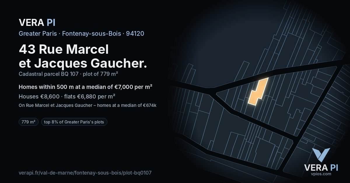 43 Rue Marcel et Jacques Gaucher, Fontenay-sous-Bois at night – the plot lit, the parcels around coloured by the prices near them