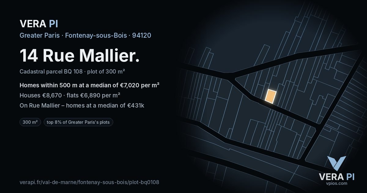 14 Rue Mallier, Fontenay-sous-Bois at night – the plot lit, the parcels around coloured by the prices near them