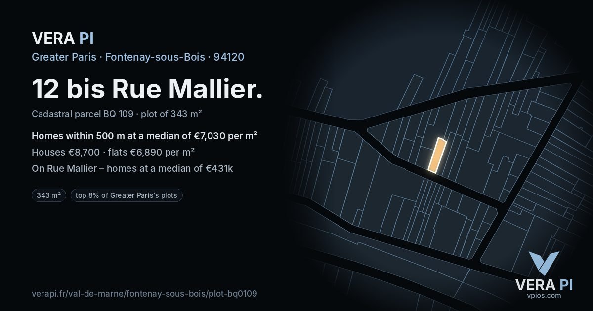 12 bis Rue Mallier, Fontenay-sous-Bois at night – the plot lit, the parcels around coloured by the prices near them