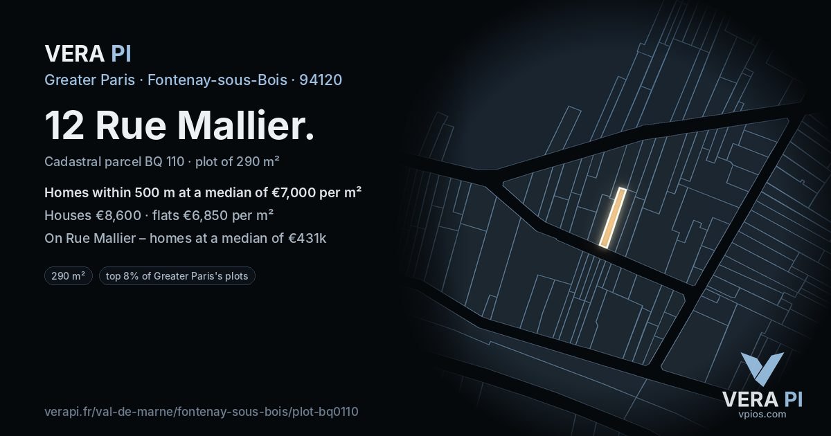 12 Rue Mallier, Fontenay-sous-Bois at night – the plot lit, the parcels around coloured by the prices near them