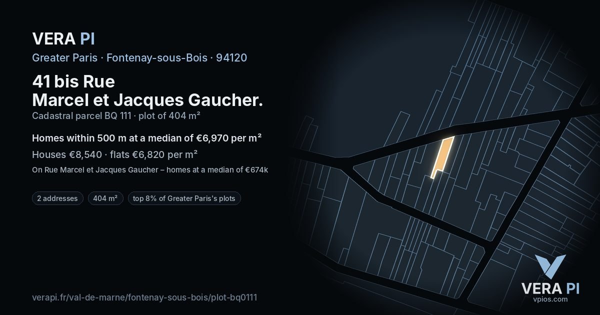 41 bis Rue Marcel et Jacques Gaucher, Fontenay-sous-Bois at night – the plot lit, the parcels around coloured by the prices near them