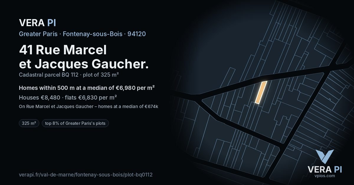 41 Rue Marcel et Jacques Gaucher, Fontenay-sous-Bois at night – the plot lit, the parcels around coloured by the prices near them