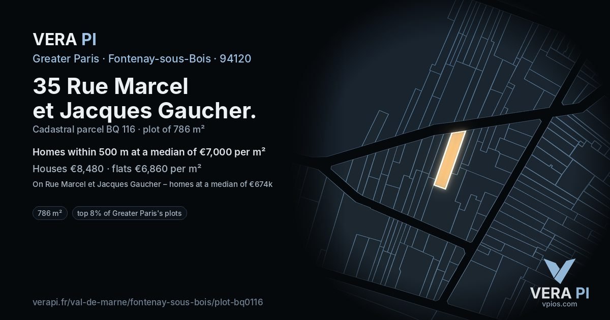 35 Rue Marcel et Jacques Gaucher, Fontenay-sous-Bois at night – the plot lit, the parcels around coloured by the prices near them