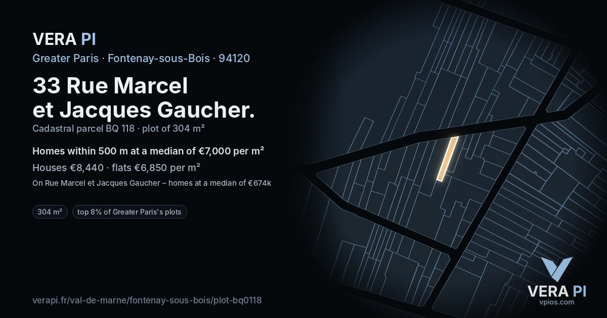 33 Rue Marcel et Jacques Gaucher, Fontenay-sous-Bois at night – the plot lit, the parcels around coloured by the prices near them