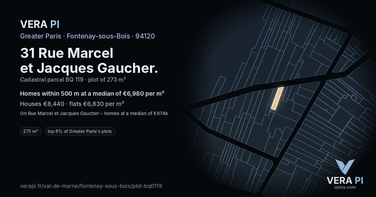 31 Rue Marcel et Jacques Gaucher, Fontenay-sous-Bois at night – the plot lit, the parcels around coloured by the prices near them