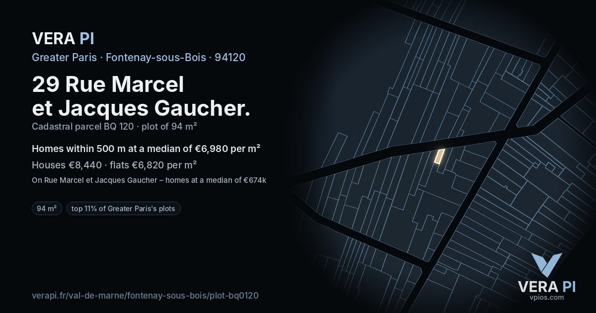 29 Rue Marcel et Jacques Gaucher, Fontenay-sous-Bois at night – the plot lit, the parcels around coloured by the prices near them