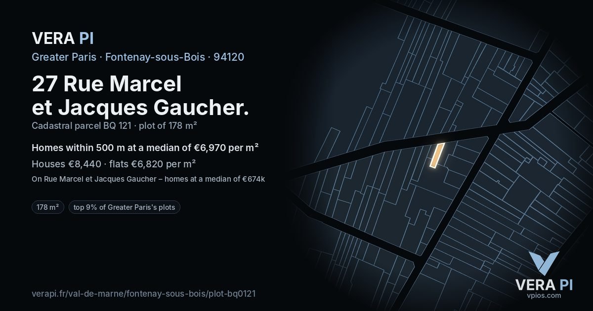27 Rue Marcel et Jacques Gaucher, Fontenay-sous-Bois at night – the plot lit, the parcels around coloured by the prices near them