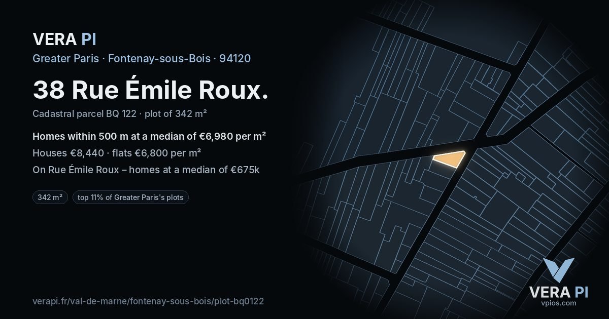 38 Rue Émile Roux, Fontenay-sous-Bois at night – the plot lit, the parcels around coloured by the prices near them