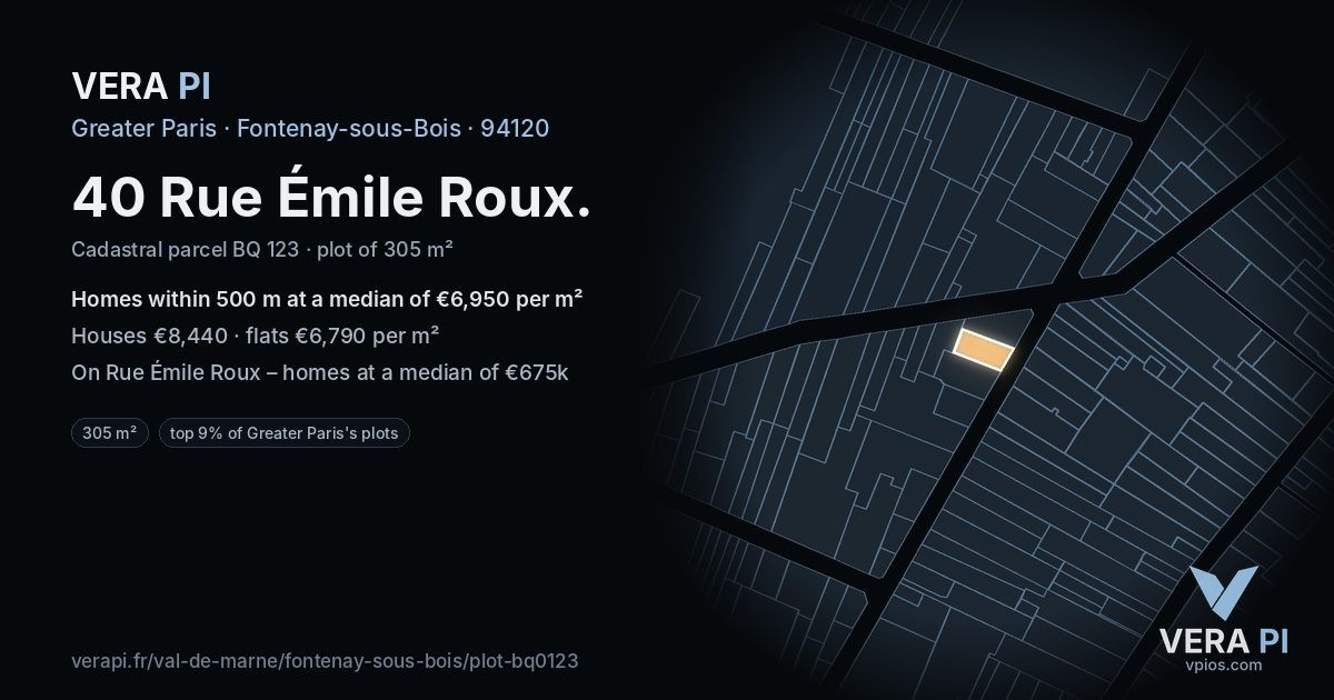 40 Rue Émile Roux, Fontenay-sous-Bois at night – the plot lit, the parcels around coloured by the prices near them