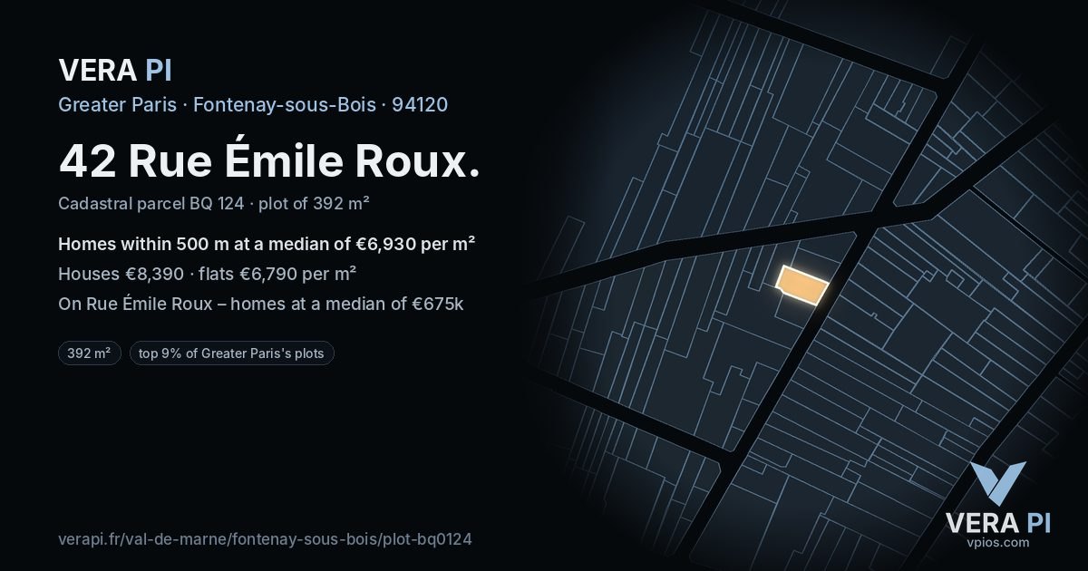 42 Rue Émile Roux, Fontenay-sous-Bois at night – the plot lit, the parcels around coloured by the prices near them
