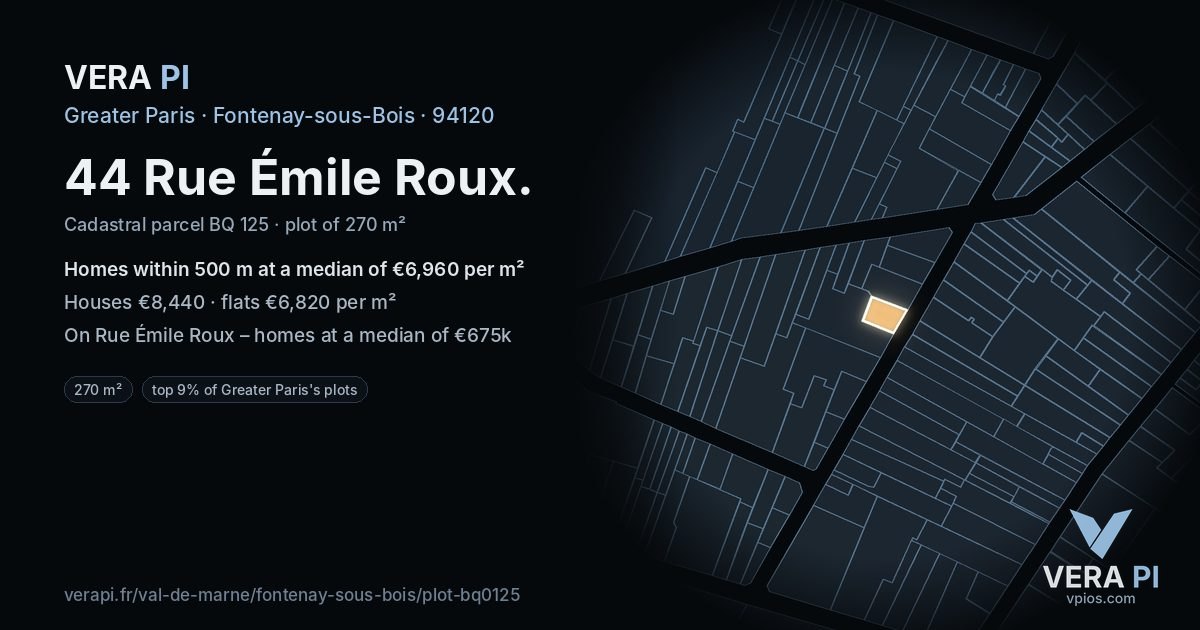 44 Rue Émile Roux, Fontenay-sous-Bois at night – the plot lit, the parcels around coloured by the prices near them