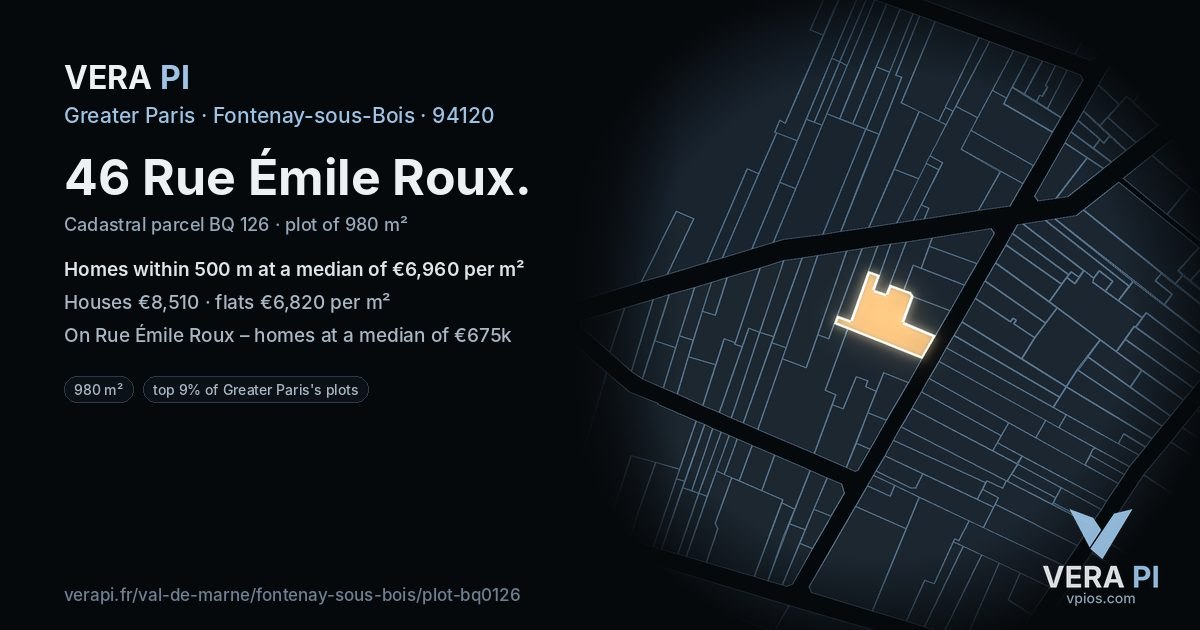 46 Rue Émile Roux, Fontenay-sous-Bois at night – the plot lit, the parcels around coloured by the prices near them