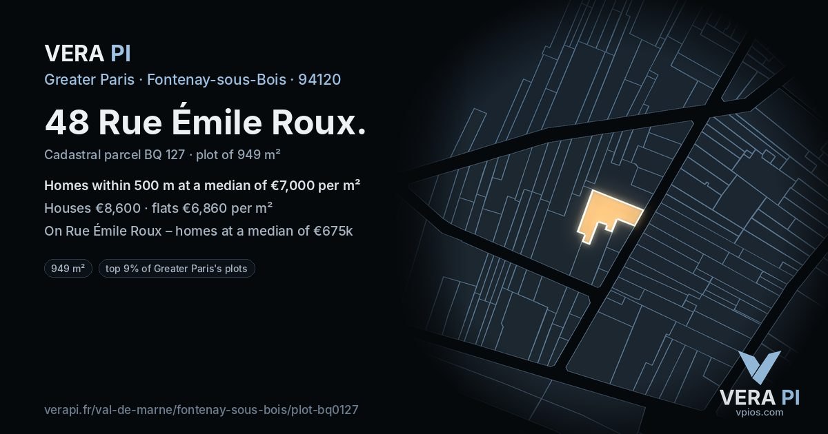 48 Rue Émile Roux, Fontenay-sous-Bois at night – the plot lit, the parcels around coloured by the prices near them