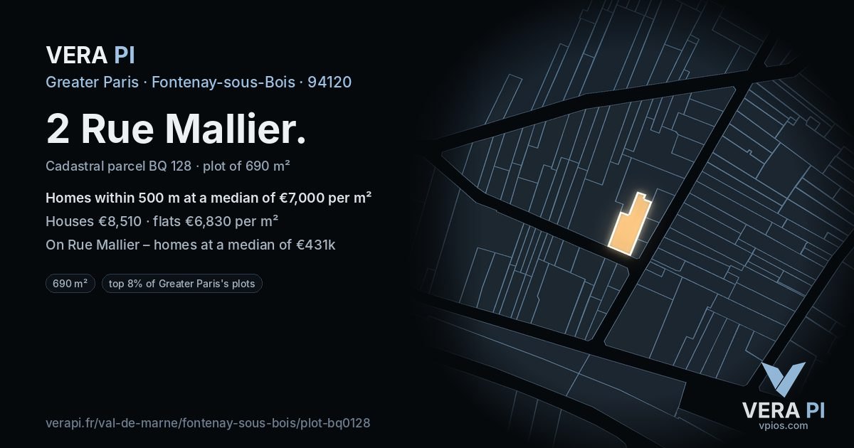 2 Rue Mallier, Fontenay-sous-Bois at night – the plot lit, the parcels around coloured by the prices near them