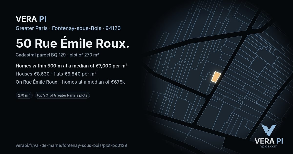 50 Rue Émile Roux, Fontenay-sous-Bois at night – the plot lit, the parcels around coloured by the prices near them