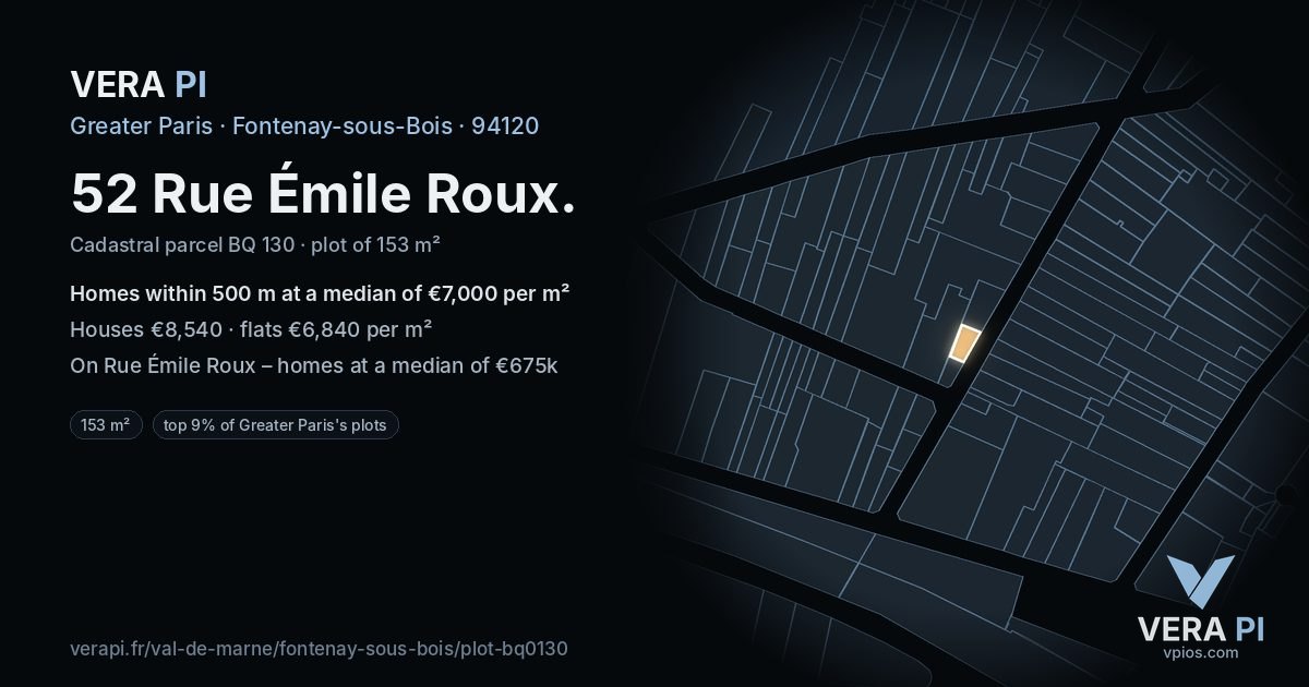 52 Rue Émile Roux, Fontenay-sous-Bois at night – the plot lit, the parcels around coloured by the prices near them