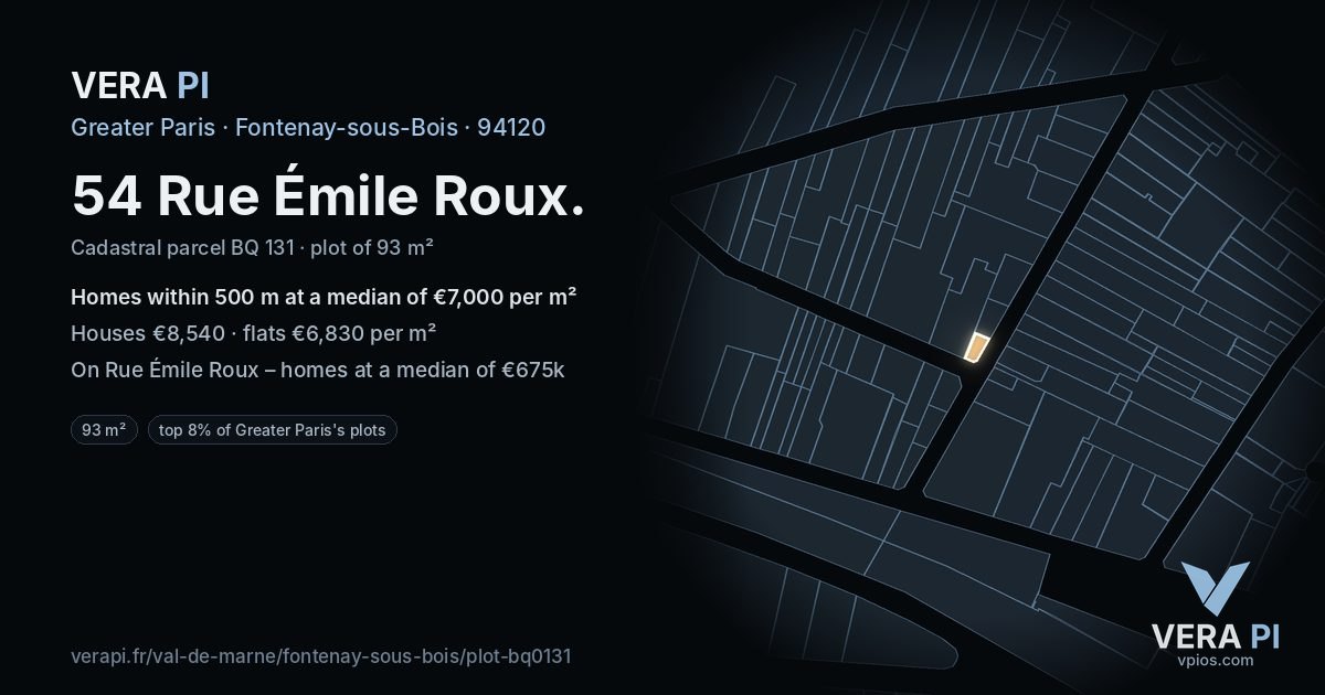54 Rue Émile Roux, Fontenay-sous-Bois at night – the plot lit, the parcels around coloured by the prices near them