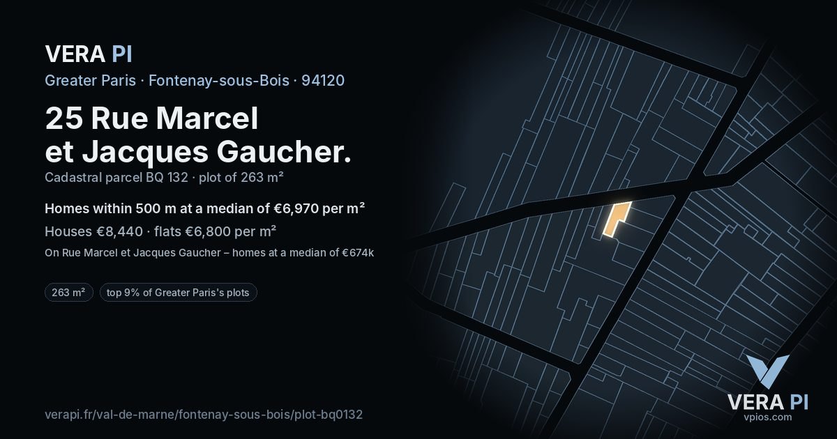25 Rue Marcel et Jacques Gaucher, Fontenay-sous-Bois at night – the plot lit, the parcels around coloured by the prices near them