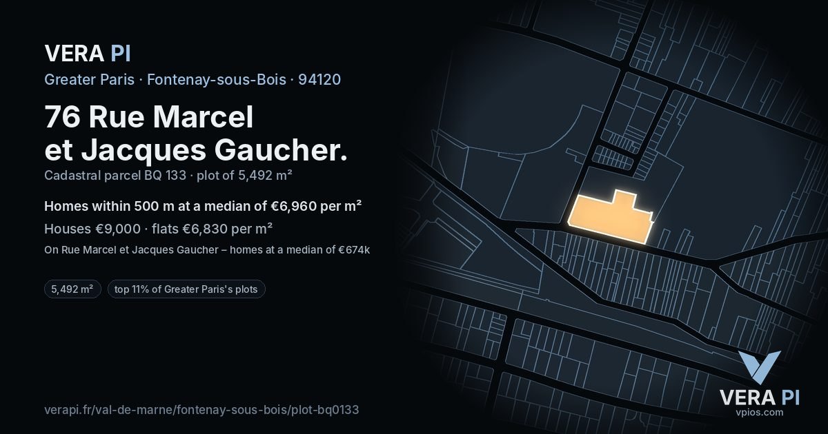 76 Rue Marcel et Jacques Gaucher, Fontenay-sous-Bois at night – the plot lit, the parcels around coloured by the prices near them
