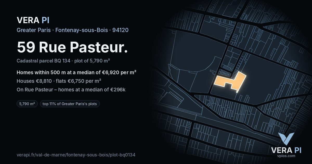 59 Rue Pasteur, Fontenay-sous-Bois at night – the plot lit, the parcels around coloured by the prices near them