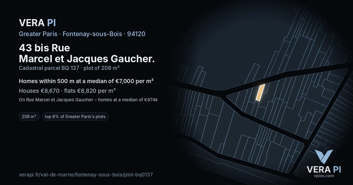 43 bis Rue Marcel et Jacques Gaucher, Fontenay-sous-Bois at night – the plot lit, the parcels around coloured by the prices near them