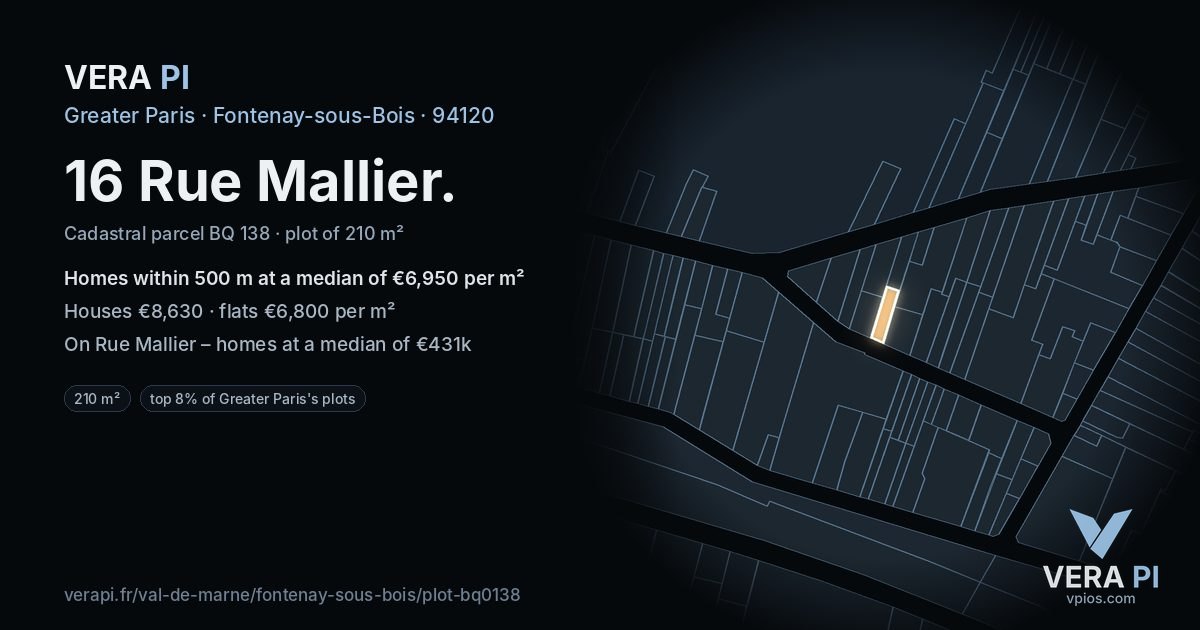 16 Rue Mallier, Fontenay-sous-Bois at night – the plot lit, the parcels around coloured by the prices near them