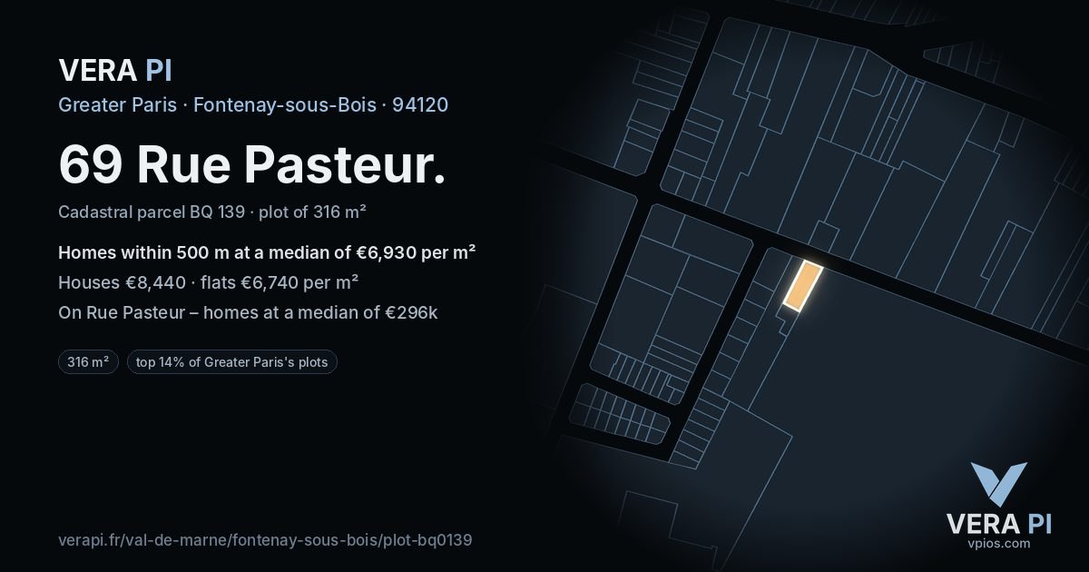 69 Rue Pasteur, Fontenay-sous-Bois at night – the plot lit, the parcels around coloured by the prices near them
