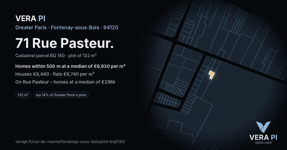 71 Rue Pasteur, Fontenay-sous-Bois at night – the plot lit, the parcels around coloured by the prices near them