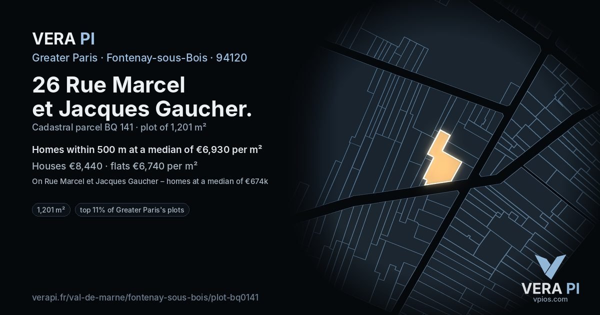 26 Rue Marcel et Jacques Gaucher, Fontenay-sous-Bois at night – the plot lit, the parcels around coloured by the prices near them