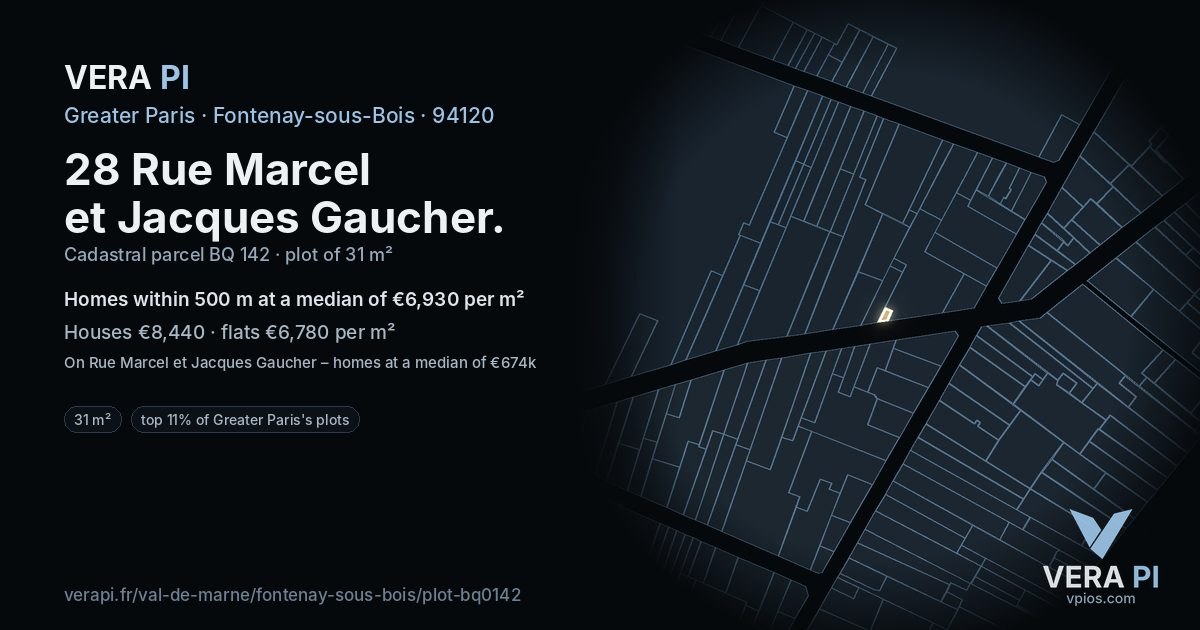 28 Rue Marcel et Jacques Gaucher, Fontenay-sous-Bois at night – the plot lit, the parcels around coloured by the prices near them