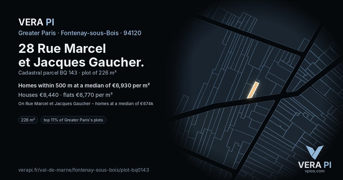 28 Rue Marcel et Jacques Gaucher, Fontenay-sous-Bois at night – the plot lit, the parcels around coloured by the prices near them