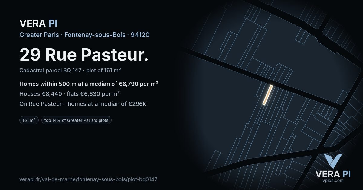 29 Rue Pasteur, Fontenay-sous-Bois at night – the plot lit, the parcels around coloured by the prices near them