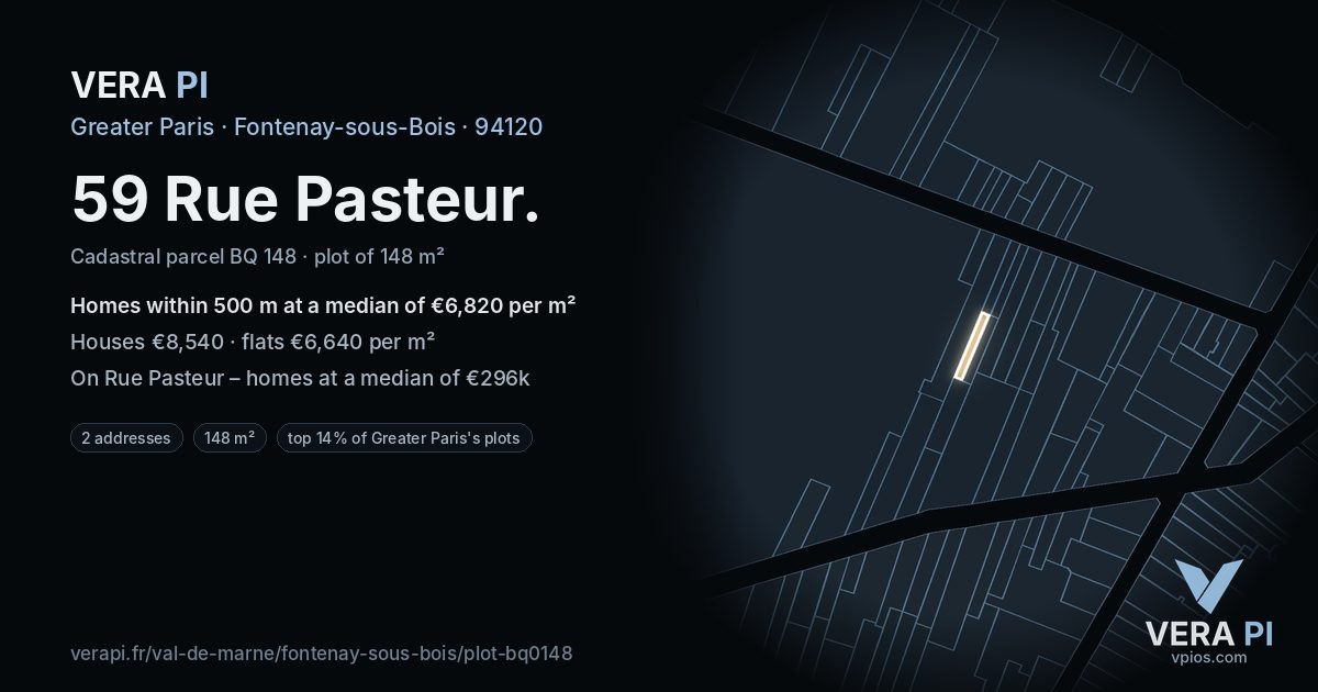 59 Rue Pasteur, Fontenay-sous-Bois at night – the plot lit, the parcels around coloured by the prices near them