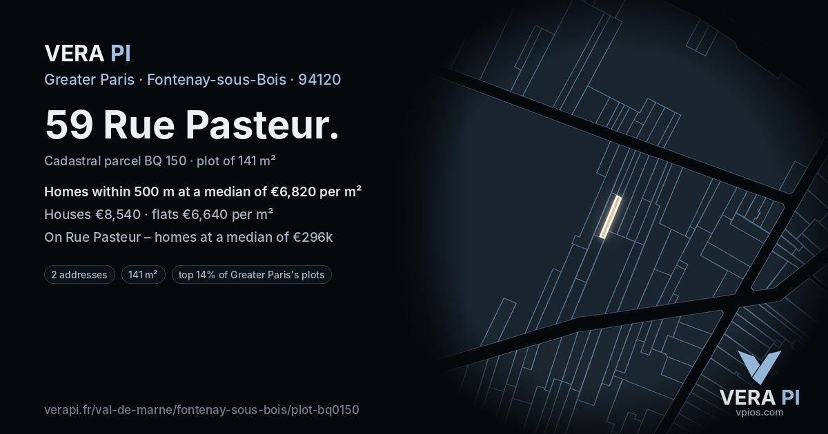 59 Rue Pasteur, Fontenay-sous-Bois at night – the plot lit, the parcels around coloured by the prices near them