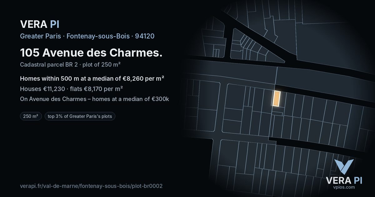 105 Avenue des Charmes, Fontenay-sous-Bois at night – the plot lit, the parcels around coloured by the prices near them