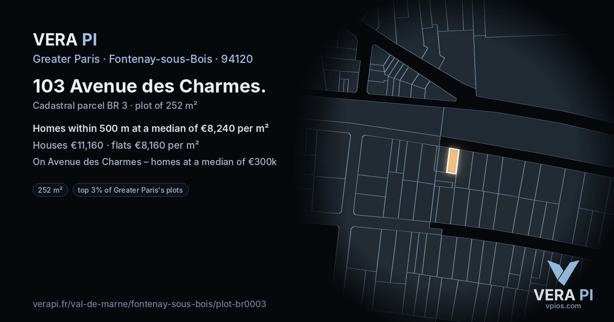 103 Avenue des Charmes, Fontenay-sous-Bois at night – the plot lit, the parcels around coloured by the prices near them