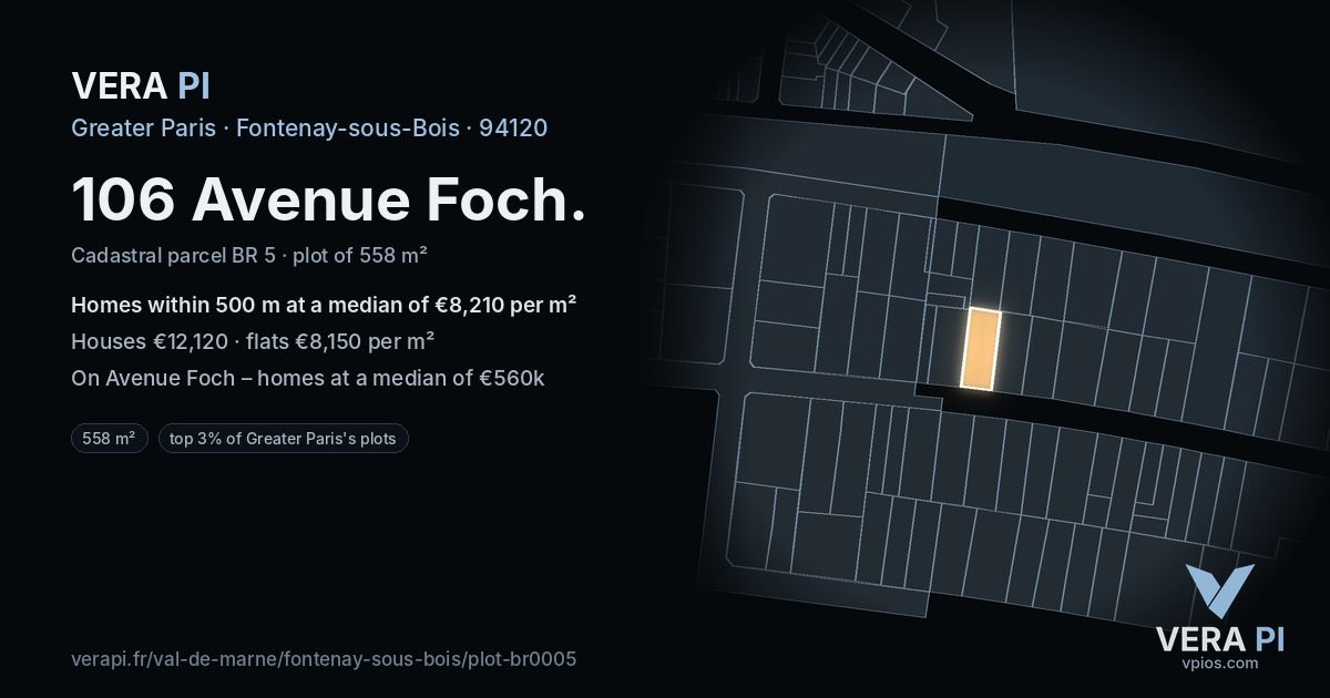 106 Avenue Foch, Fontenay-sous-Bois at night – the plot lit, the parcels around coloured by the prices near them
