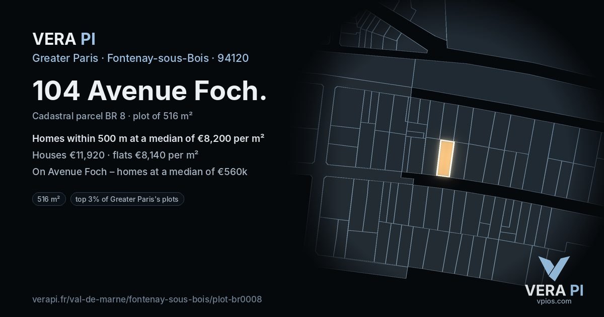104 Avenue Foch, Fontenay-sous-Bois at night – the plot lit, the parcels around coloured by the prices near them