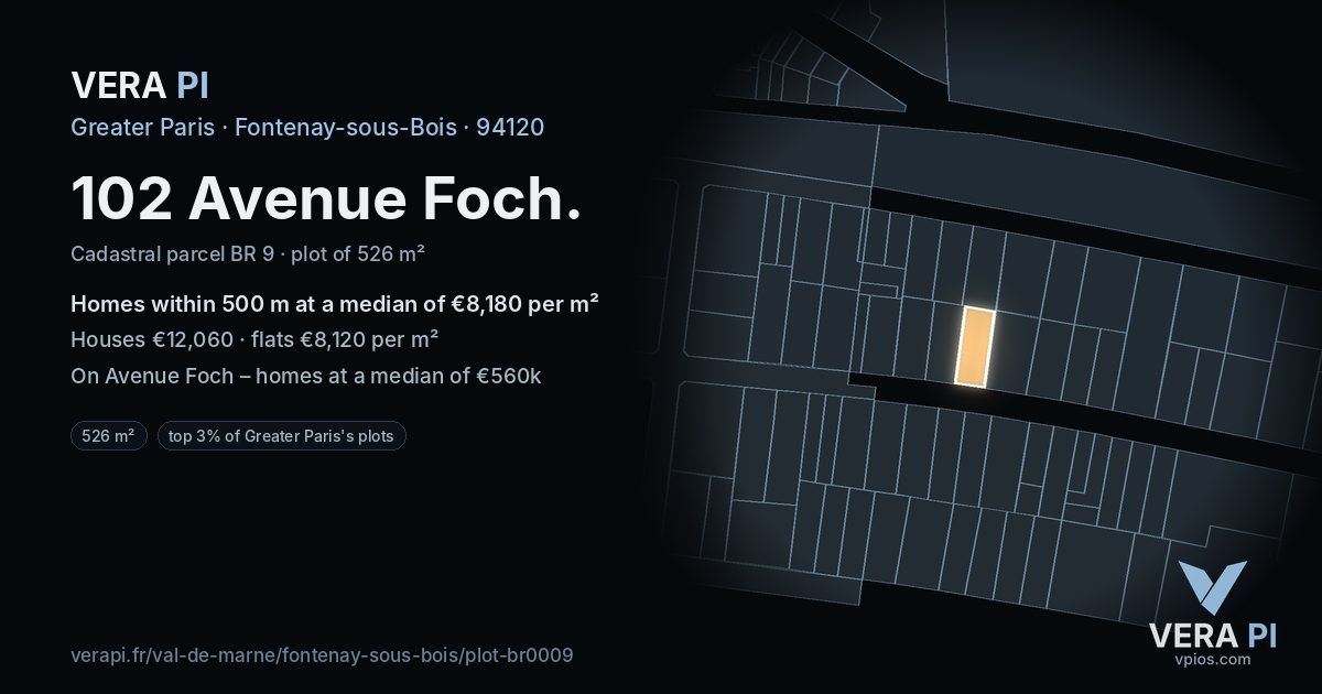 102 Avenue Foch, Fontenay-sous-Bois at night – the plot lit, the parcels around coloured by the prices near them