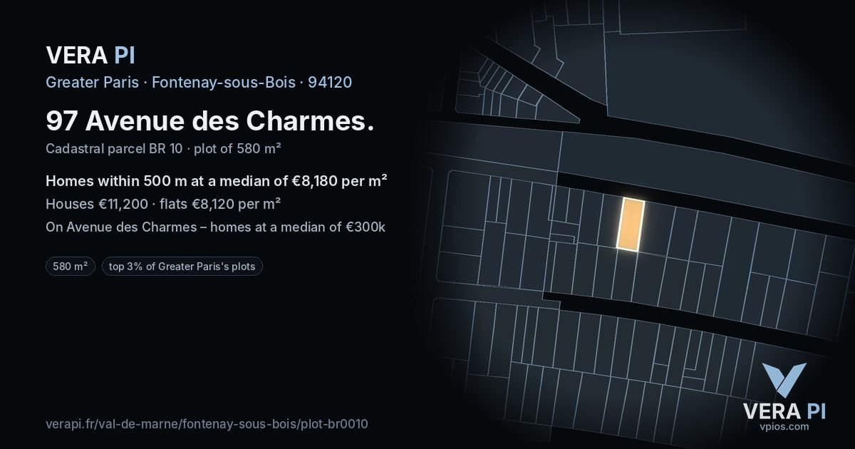 97 Avenue des Charmes, Fontenay-sous-Bois at night – the plot lit, the parcels around coloured by the prices near them