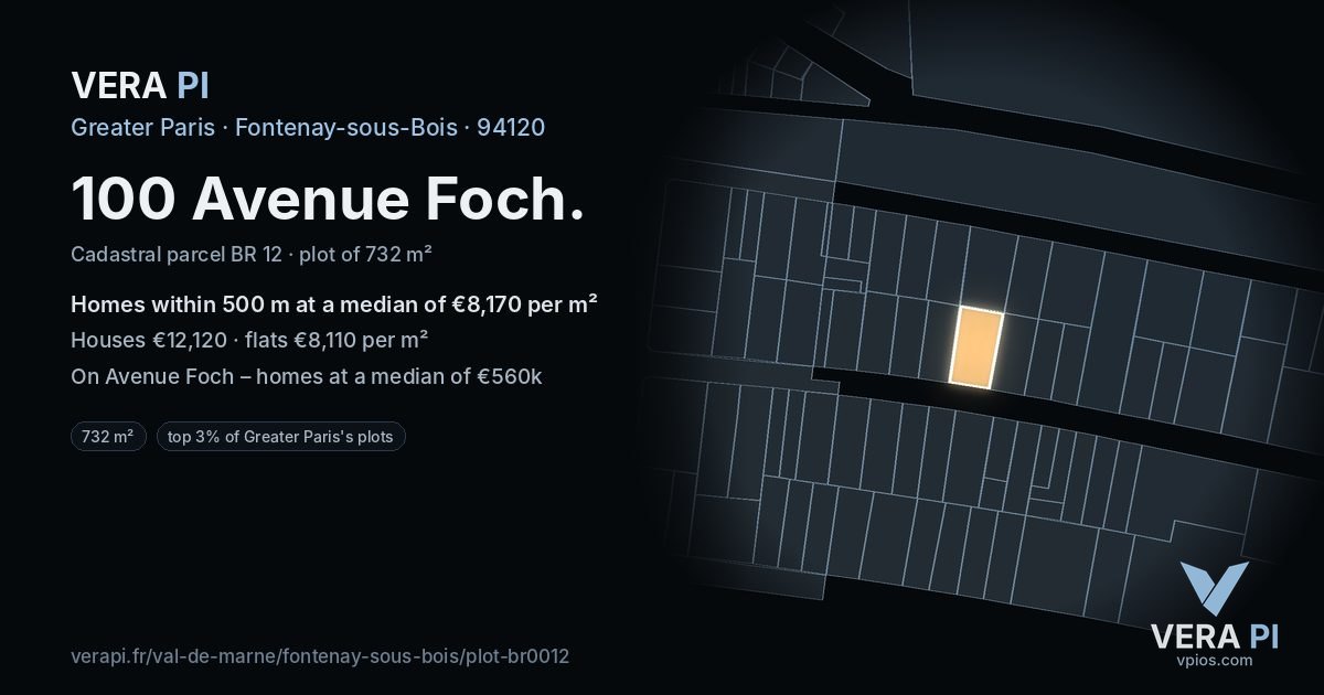 100 Avenue Foch, Fontenay-sous-Bois at night – the plot lit, the parcels around coloured by the prices near them