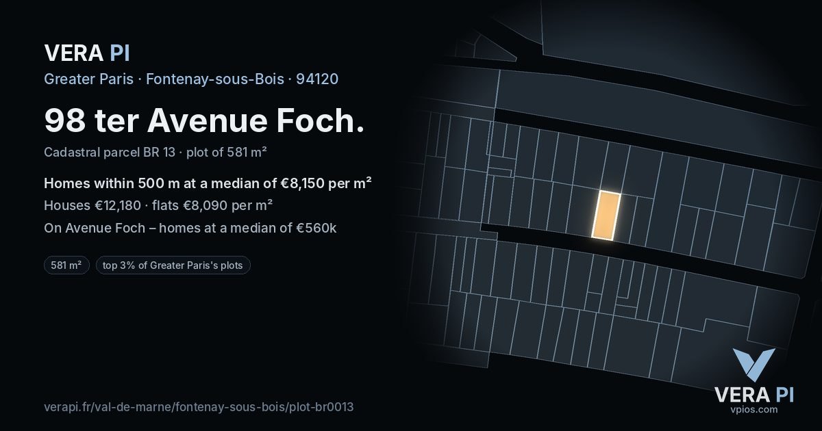 98 ter Avenue Foch, Fontenay-sous-Bois at night – the plot lit, the parcels around coloured by the prices near them