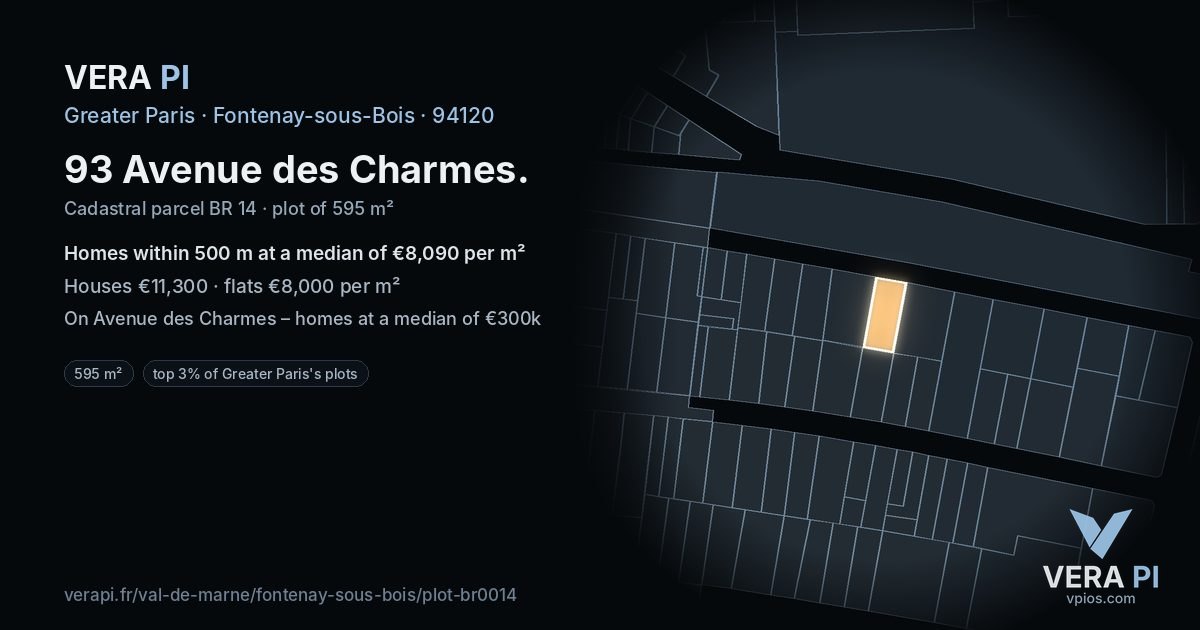 93 Avenue des Charmes, Fontenay-sous-Bois at night – the plot lit, the parcels around coloured by the prices near them